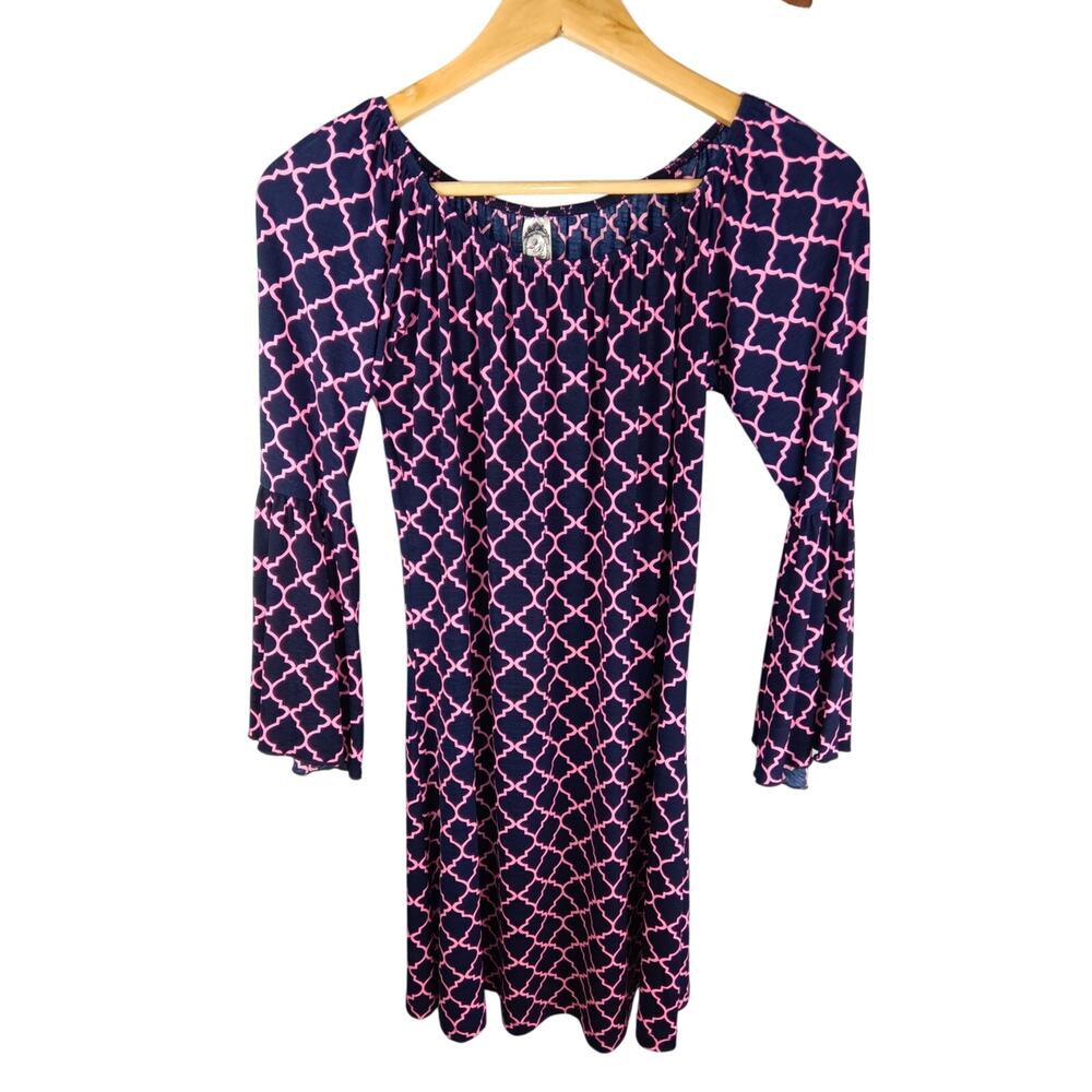 Navy and Pink Geometric Long Sleeve Dress